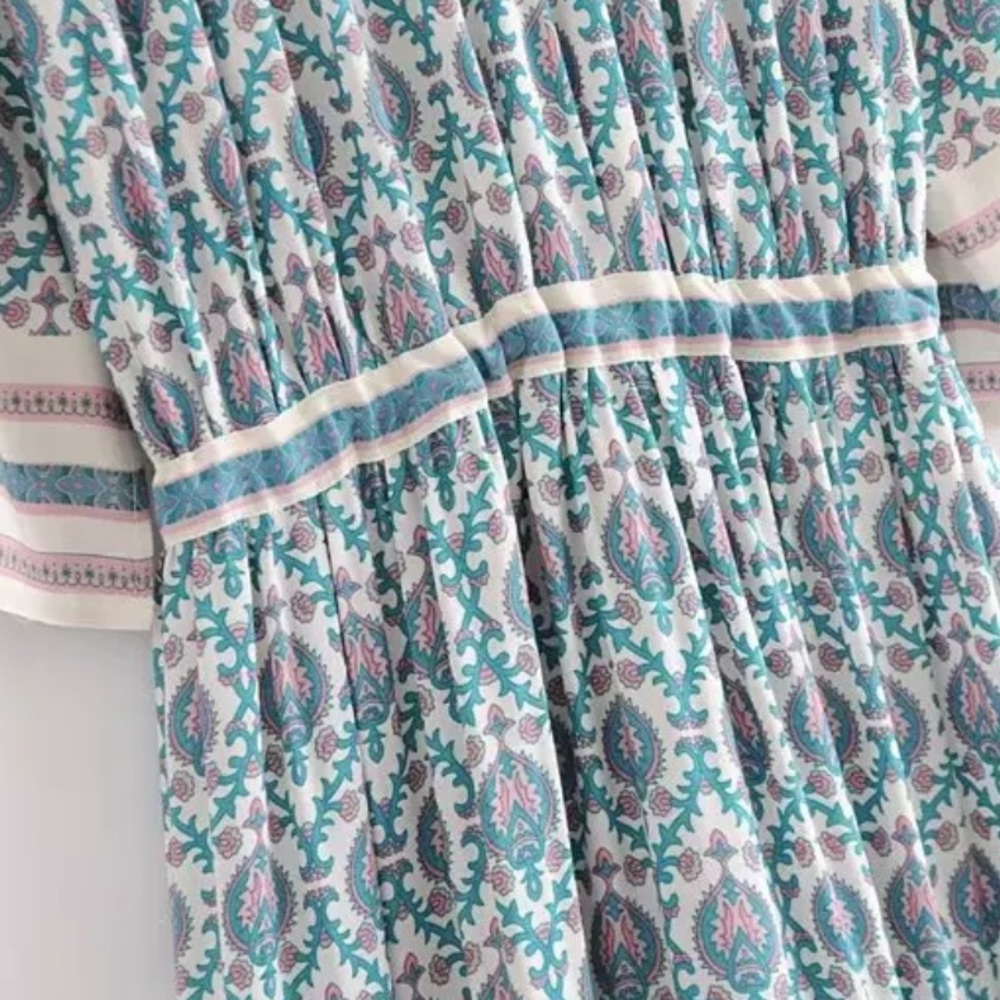 Bohemian Gypsy Print Kimono Maxi Dress Blue Cream - Picture 12 of 14